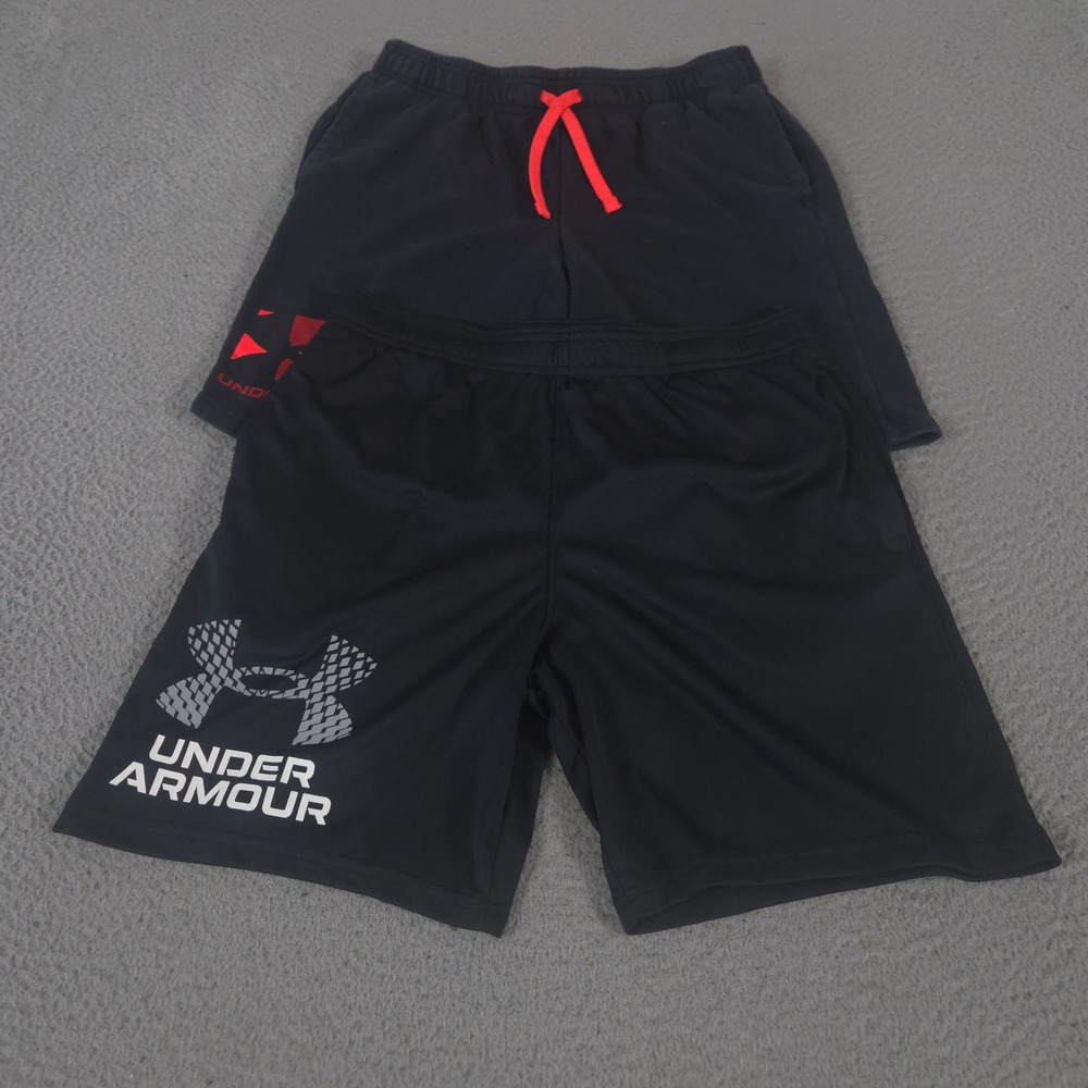 LOT OF 2 Under Armour Shorts Boys YXL Black Rival French Terry Graphic UA Tech
